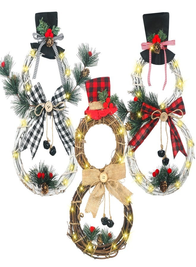 Baquler 3 Pcs Christmas Snowman Lighted Wreath Decoration Rustic Christmas Decor with Hat Bow Red Berries Pine Cone Vine for Xmas Winter Front Door Home Wall Decor, Batteries Not Included(Snowman) - Image 1